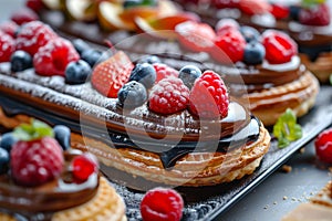 Fruit and Berry Eclair Cakes, Delicious Fruits Milk Dessert, Chocolate Mirror Glazed Eclairs