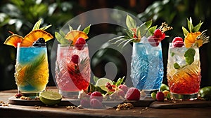 Fruit berry iced exotic tropical cocktail with lime and mint, generative AI
