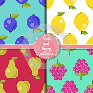 Fruit and berry seamless patterns set, summer patterns set