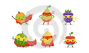 Fruit and Berry Superheros Rushing to the Rescue Vector Set