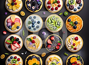 Fruit and berry tartlets dessert tray assorted top view background.