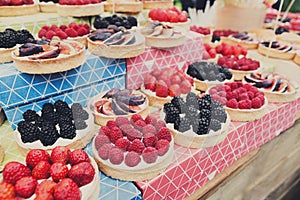 Fruit and berry tarts dessert tray assorted outdoors