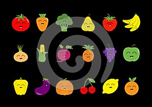 Fruit berry vegetable face icon set. Strawberry, pear, banana, pineapple, grape, apple, cherry, lemon, orange. Pepper, tomato, car