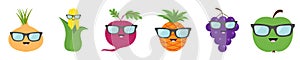 Fruit berry vegetable face sunglasses icon set line. Onion, sweet corn, beet, beetroot, pineapple, grape, apple. Cute cartoon