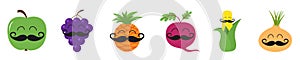 Fruit berry vegetable mustache face icon set line. Onion, sweet corn, beet, beetroot, pineapple, grape, apple. Cute cartoon kawaii