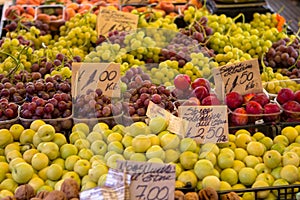 Fruit boxes with plums and grapes