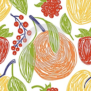 Fruit bundle seamless pattern. Orange, strawberry, raspberry and apricot. Color vector illustration set. Pen or marker