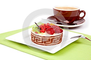 Fruit cake with cup caffee, photo