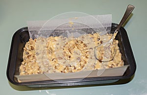 Fruit Cake Mixture in Paper Lined Pan.