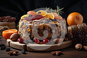 a fruit cake with a variety of fresh and dried fruits, nuts, and spices