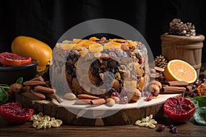 a fruit cake with a variety of fresh and dried fruits, nuts, and spices