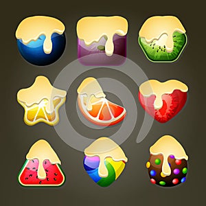 Fruit candies for match three puzzle game with chocolate topping