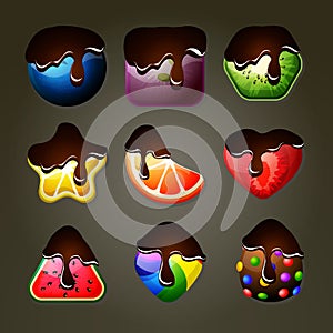 Fruit candies for match three puzzle game with chocolate topping