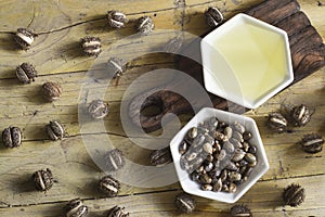 Fruit and castor oil on the wooden table