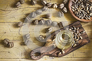 Fruit and castor oil on the wooden table