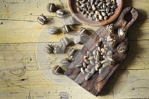 Fruit and castor oil on the wooden table