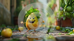 fruit character design, the lively pear cartoon is bouncing excitedly, with its green leafy hair bobbing up and down in