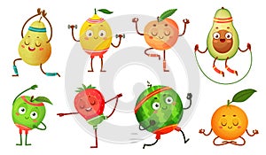 Fruit characters yoga. Fruits in fitness exercises poses, wellness food and funny sport fruit cartoon vector