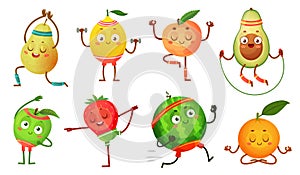 Fruit characters yoga. Fruits in fitness exercises poses, wellness food and funny sport fruit cartoon vector photo
