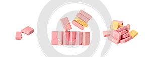 Fruit Chews Isolated, Pink Chewable Candies, Fruit Chew Candy Pile, Square Taffy, Colorful Gummy Candies photo