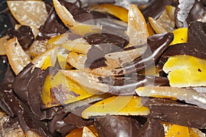 Fruit with chocolate, peel of oranges with chocolate