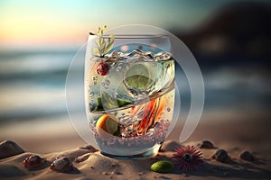 Fruit cocktail in glass on beach on sunny day, refreshing drink