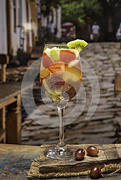 Fruit cocktail in a glass on the tipical brazilian restaurant