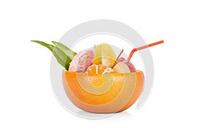 Fruit cocktail (orange, grapefruit, apple) on white