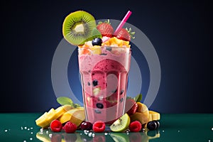 Generative AI. Fruit cocktail Smoothie with frozen berries and kiwi An enchantment of taste and healthy eating, in a glass beaker.