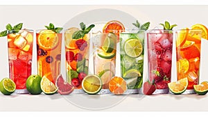 Fruit cocktails on white background . Many different types of assortment of fruit cocktails