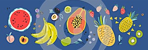 Fruit collection in flat hand drawn style, illustrations set. Tropical fruit and graphic design elements. Ingredients color clipar