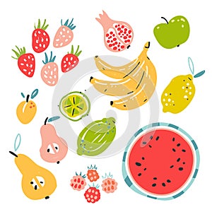 Fruit collection in flat hand drawn style, illustrations set. Tropical fruit and graphic design elements. Ingredients color clipar