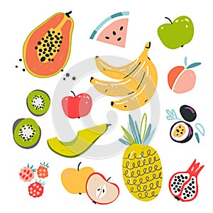 Fruit collection in flat hand drawn style, illustrations set. Tropical fruit and graphic design elements. Ingredients color clipar