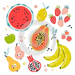 Fruit collection in flat hand drawn style, illustrations set. Tropical fruit and graphic design elements. Ingredients color clipar