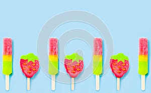 Fruit colorful Ice cream pattern/ice cream stick on pastel pink background, Soda and Strawberry and Lemon Ice cream