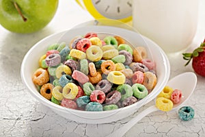 Fruit colorful sweet cereals in a bowl