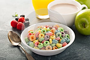 Fruit colorful sweet cereals with juice and cocoa