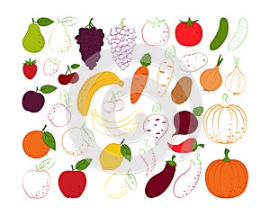 Fruit coloring set. Children's coloring book with a picture of fruits. Such as pear, strawberry, grape, cherry and