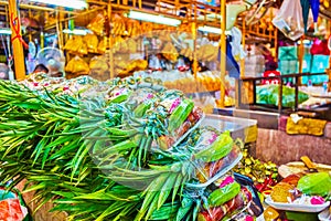 The fruit compositions for Buddhist ceremonial offerings on Pak Khlong Talat Flower Market in Bangkok, Thailand