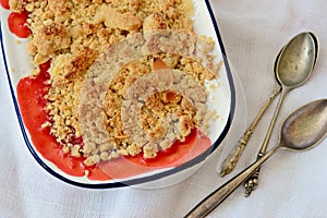 Fruit crumble with nice sauce and topping