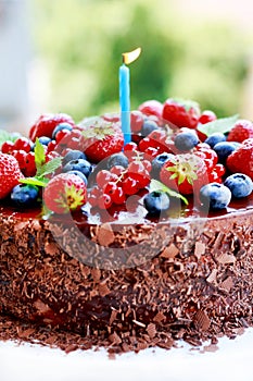 Fruit decorated triple chocolate cake