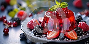 fruit dessert cherry jelly with berries on a plate, banner