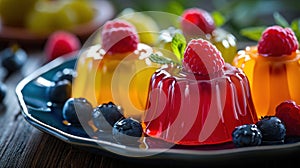 fruit dessert colorful jelly pudding with berries on a plate, banner