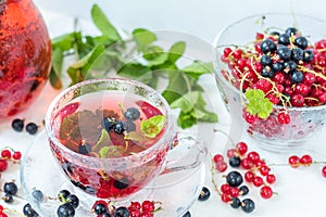 Fruit drink in transparent glass carafe and cup