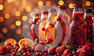 Fruit drinks in bottles on a blurred background.