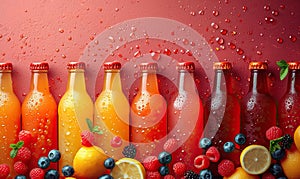 Fruit drinks in bottles on a colored background.