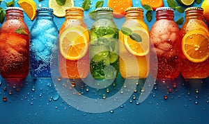 Fruit drinks in bottles on a colored background.