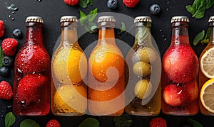 Fruit drinks in bottles on a dark background.