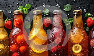 Fruit drinks in bottles on a dark background.