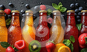 Fruit drinks in bottles on a dark background.